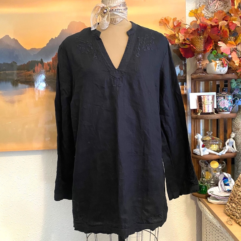 Valerie Stevens 100% Linen Tunic Boho Coastal Women 2X Black Embroidered V-Neck